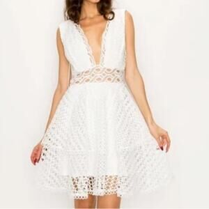 Mad For Love Deep V-Neck Crochet White Skater Dress Size Medium NWT